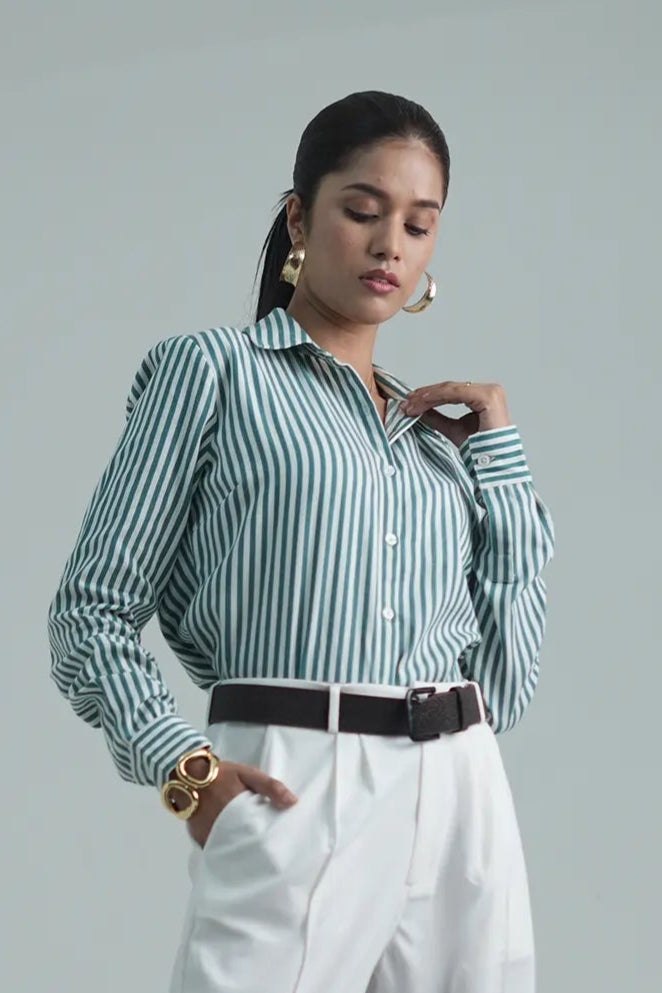 Stripped Cotton Shirt- Green