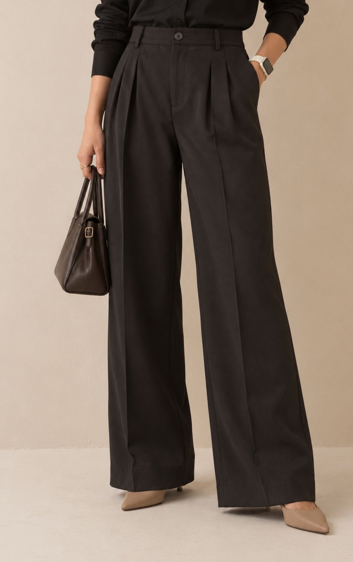 Wide Leg High Waist Trousers - Black