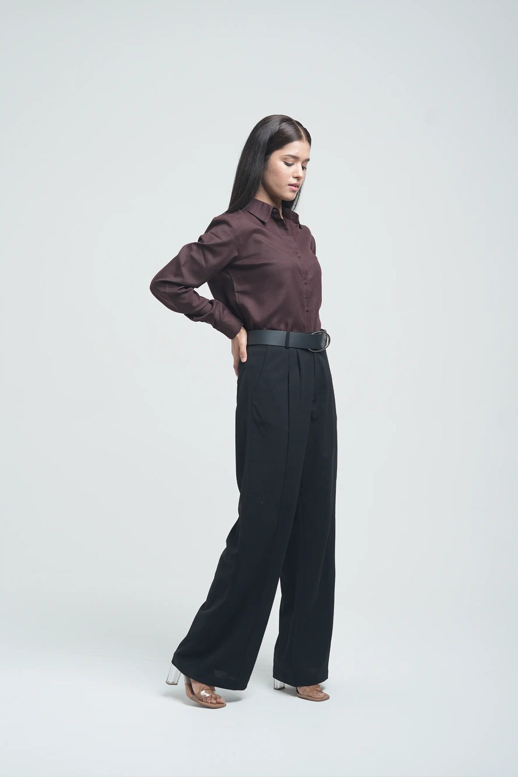Basic solid linen blend shirt - Brown