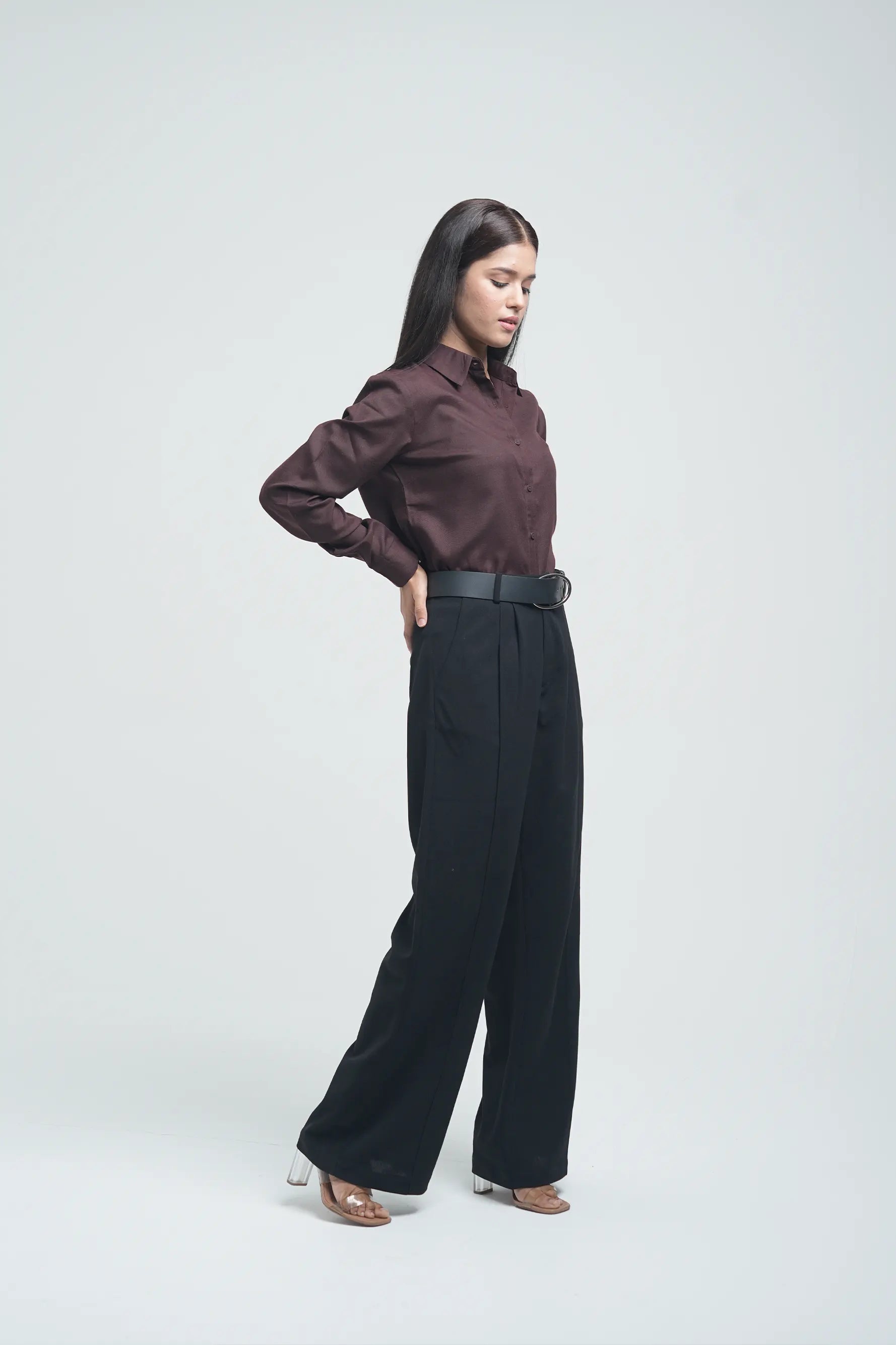 Basic solid linen blend shirt - Brown