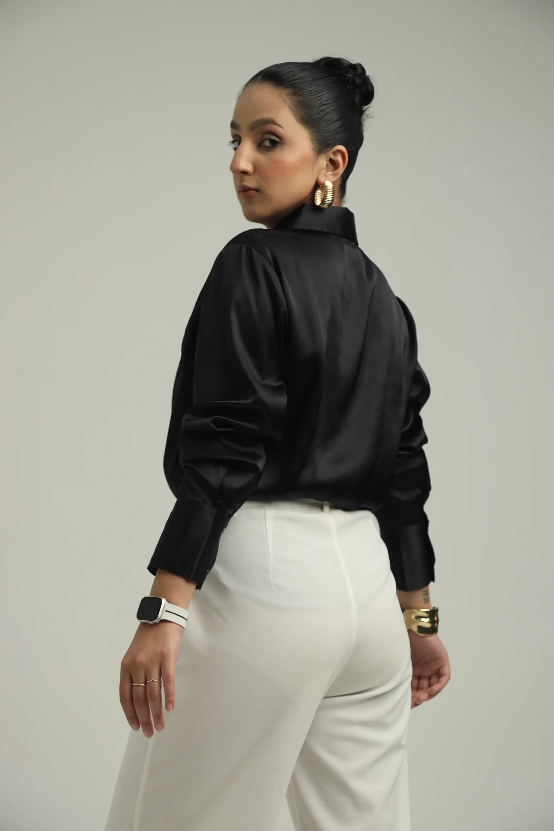 Basic Solid Satin Shirt - Black