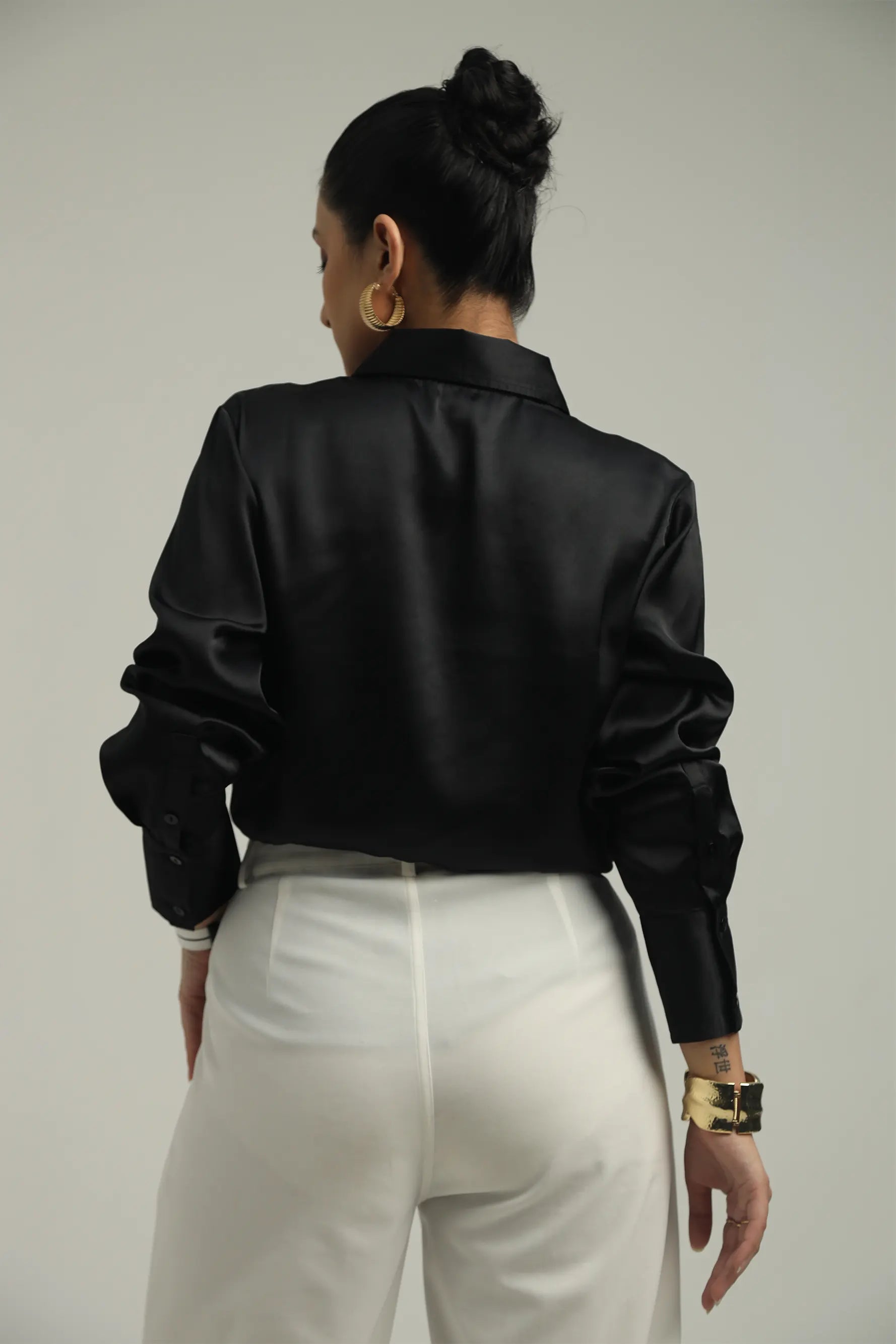 Basic Solid Satin Shirt - Black