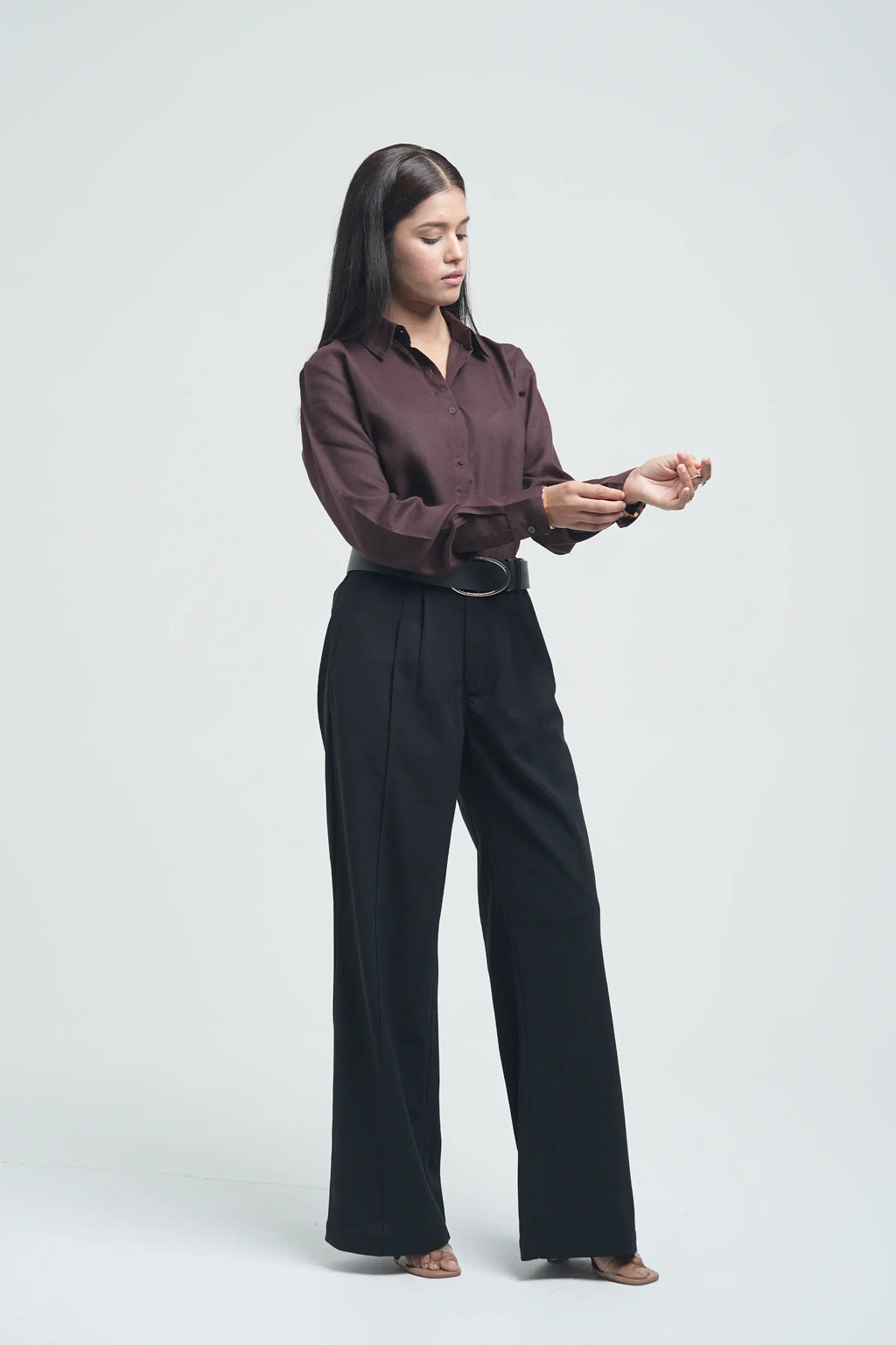 Basic solid linen blend shirt - Brown