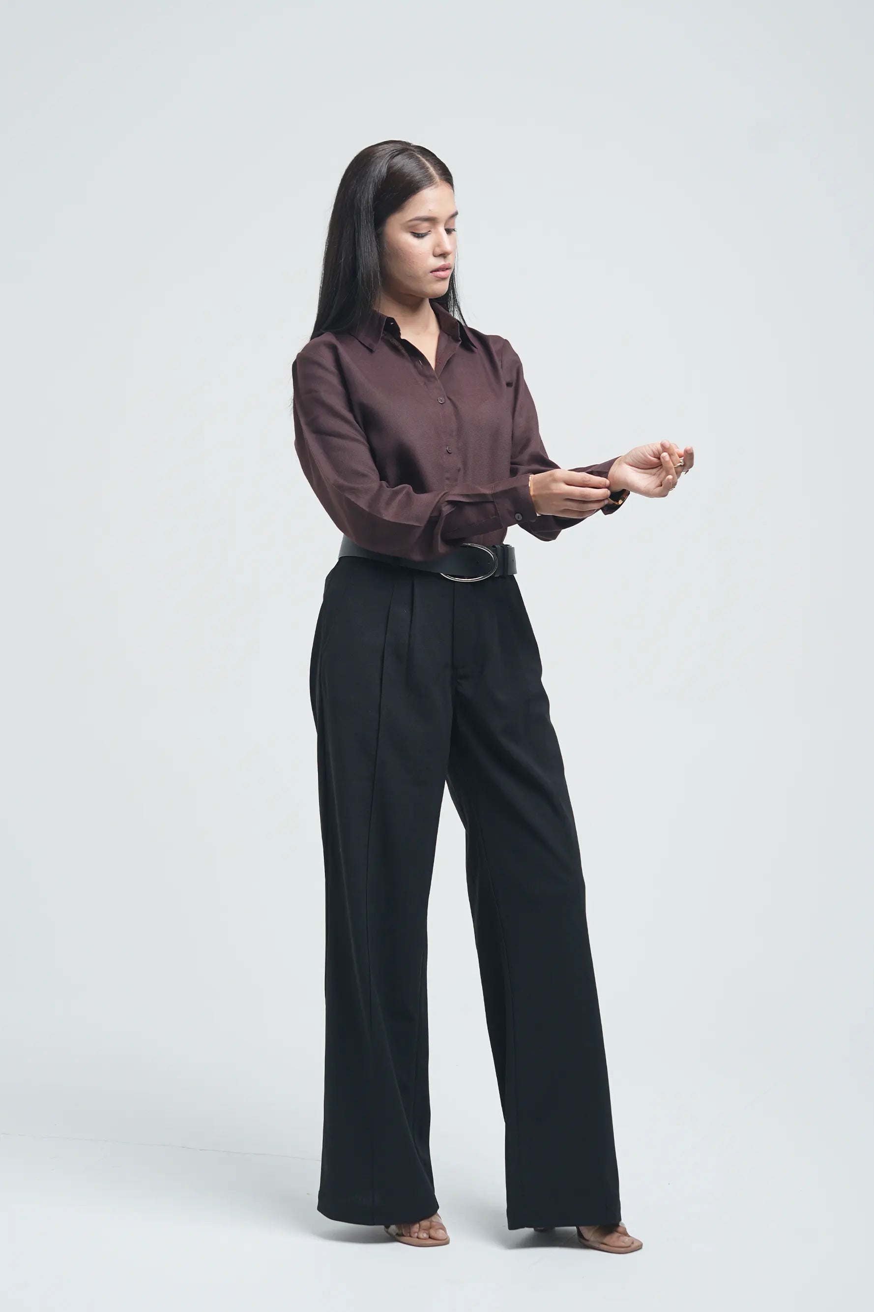 Basic solid linen blend shirt - Brown