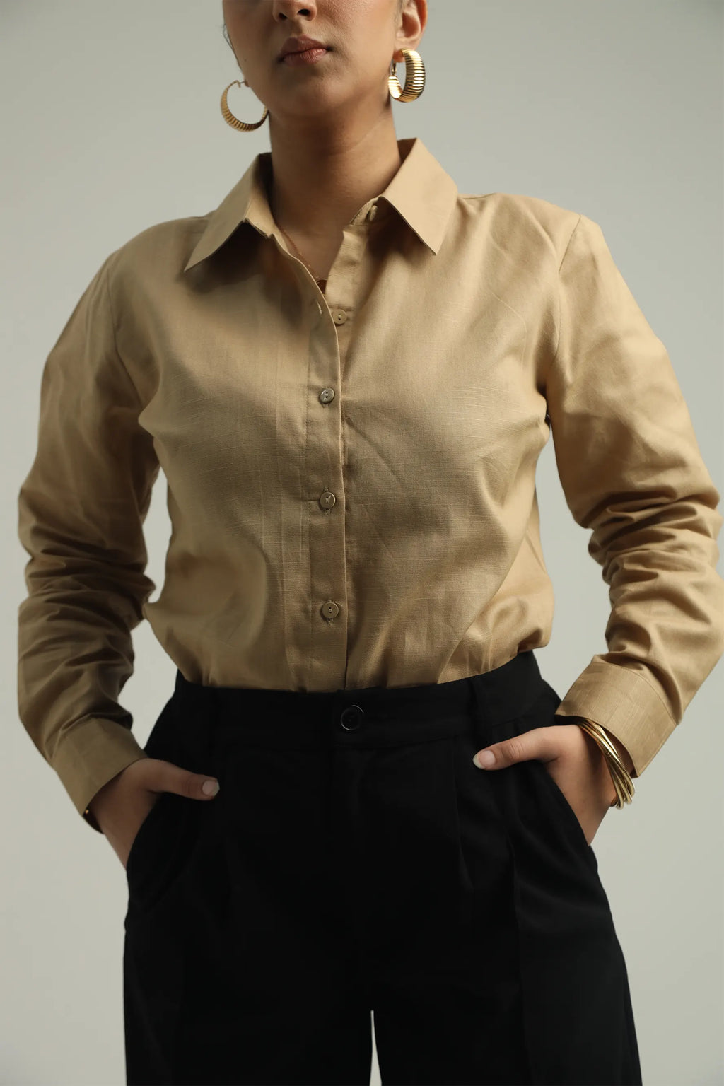 Basic solid woven linen shirt - Beige