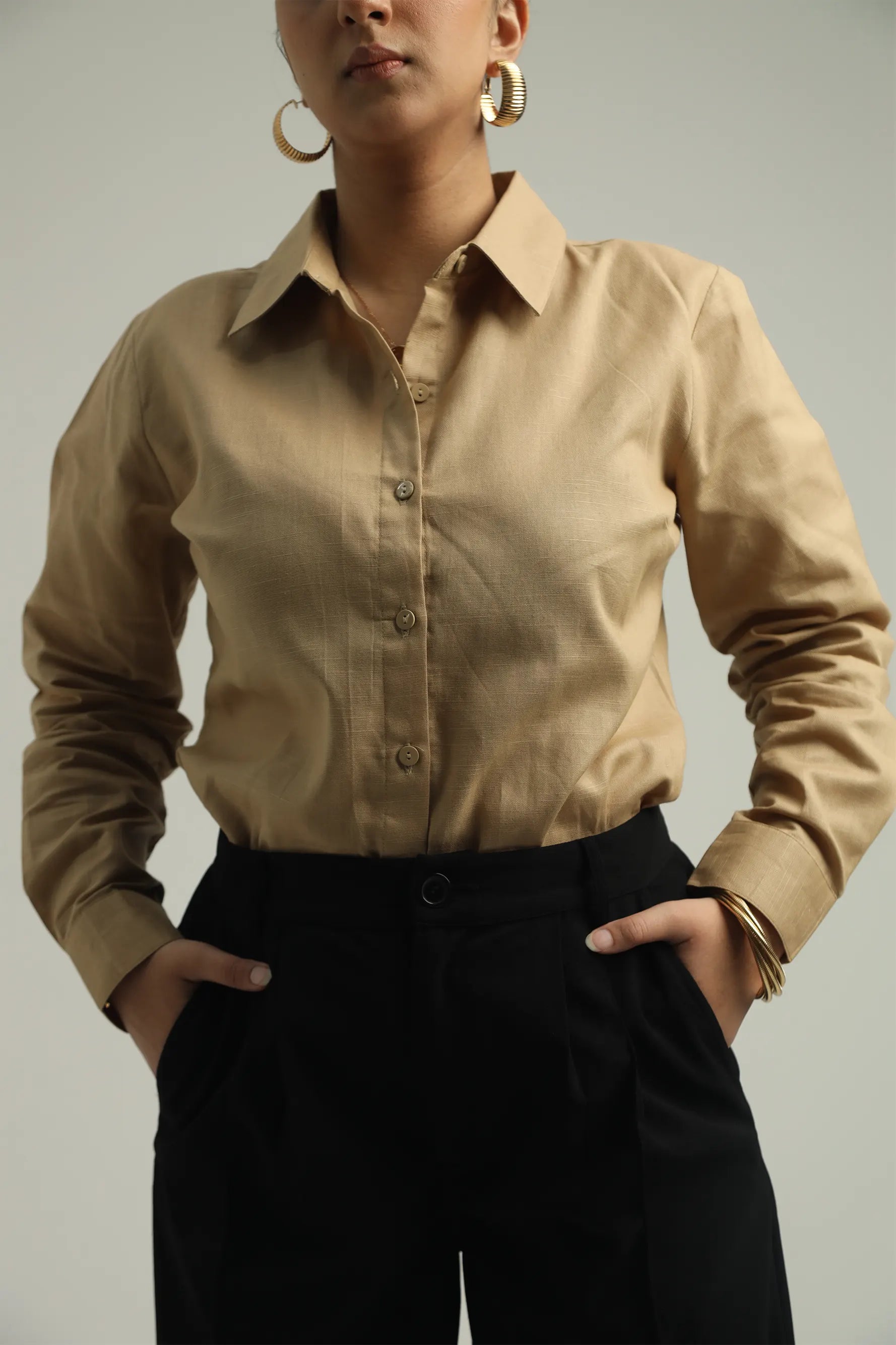 Basic solid woven linen shirt - Beige