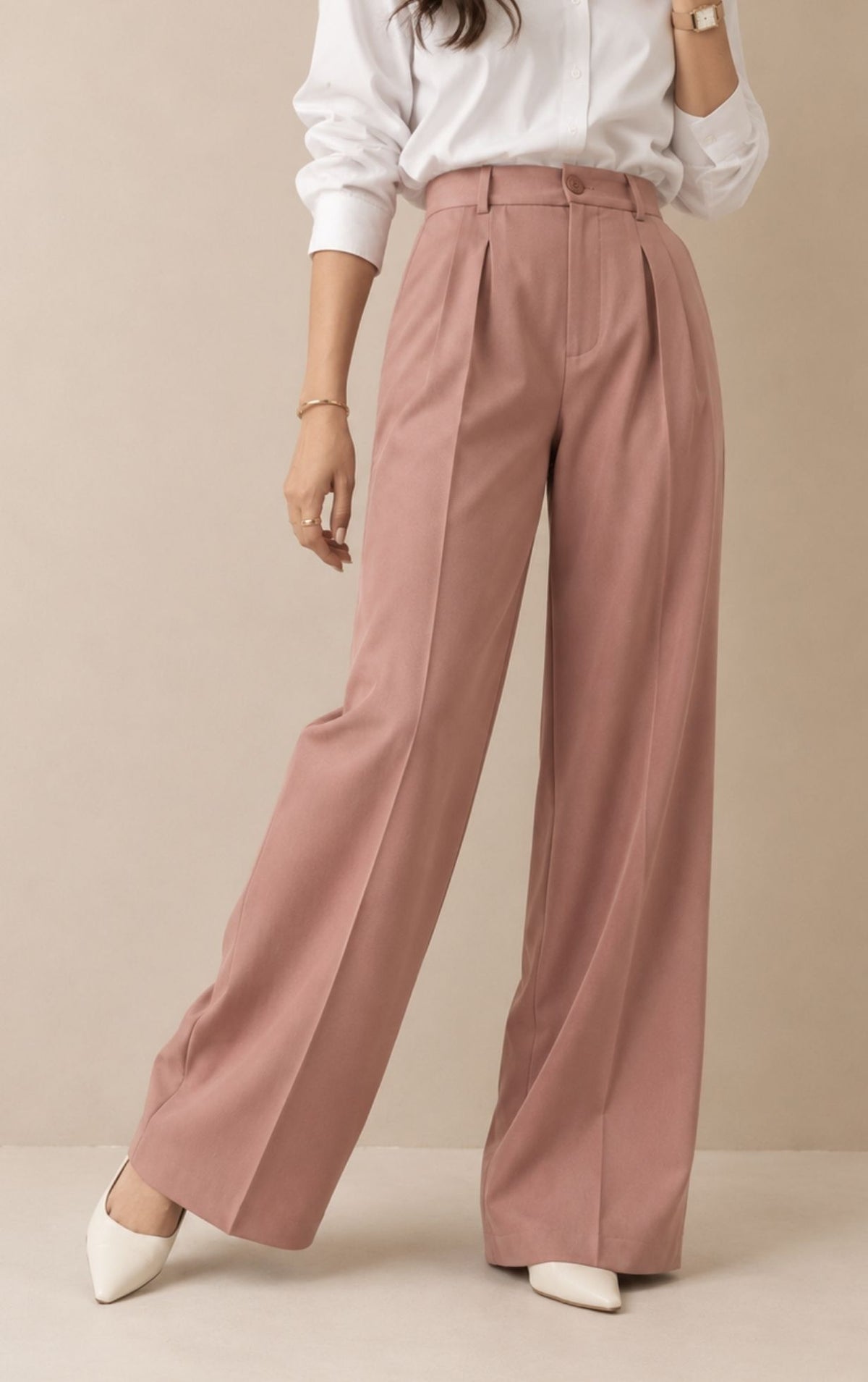 Wide Leg High Waist Trousers -Dusty Pink
