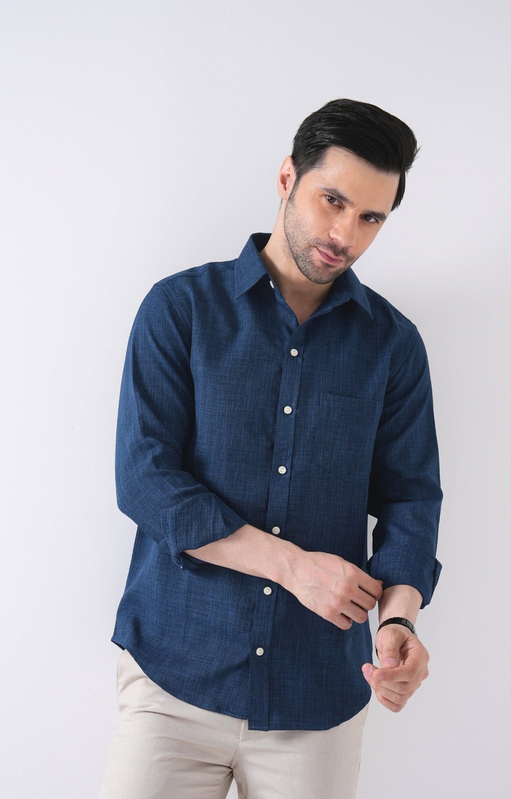 Men's Basic Solid Linen Shirt - Navy Blue