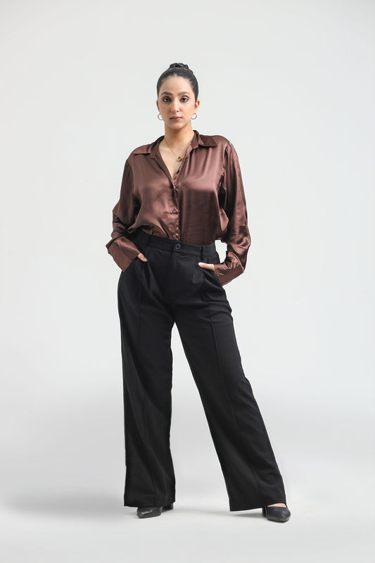 Basic Solid Satin Shirt - Cola Brown