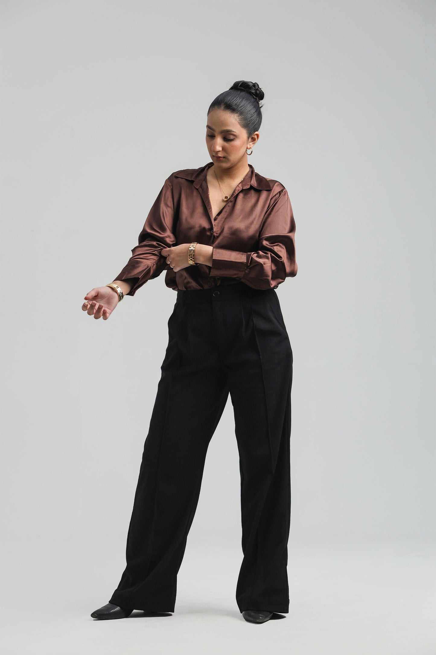 Basic Solid Satin Shirt - Cola Brown