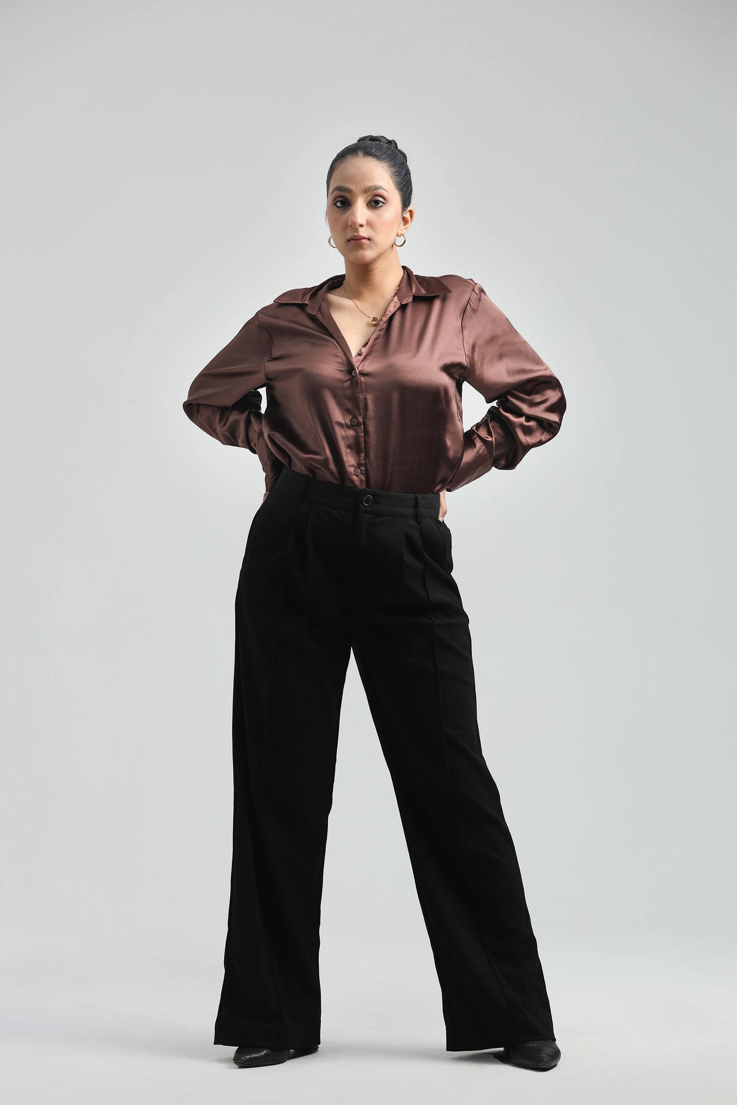 Basic Solid Satin Shirt - Cola Brown