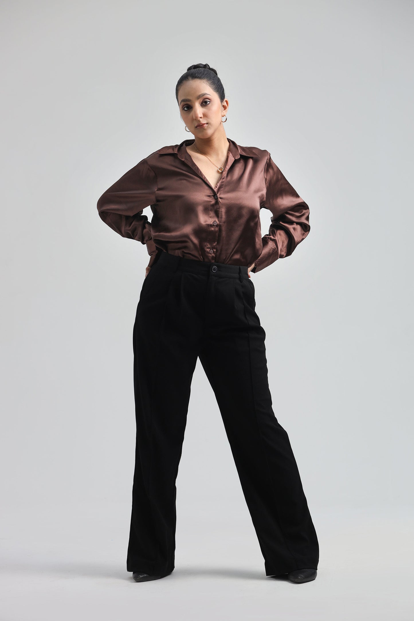 Basic Solid Satin Shirt - Cola Brown