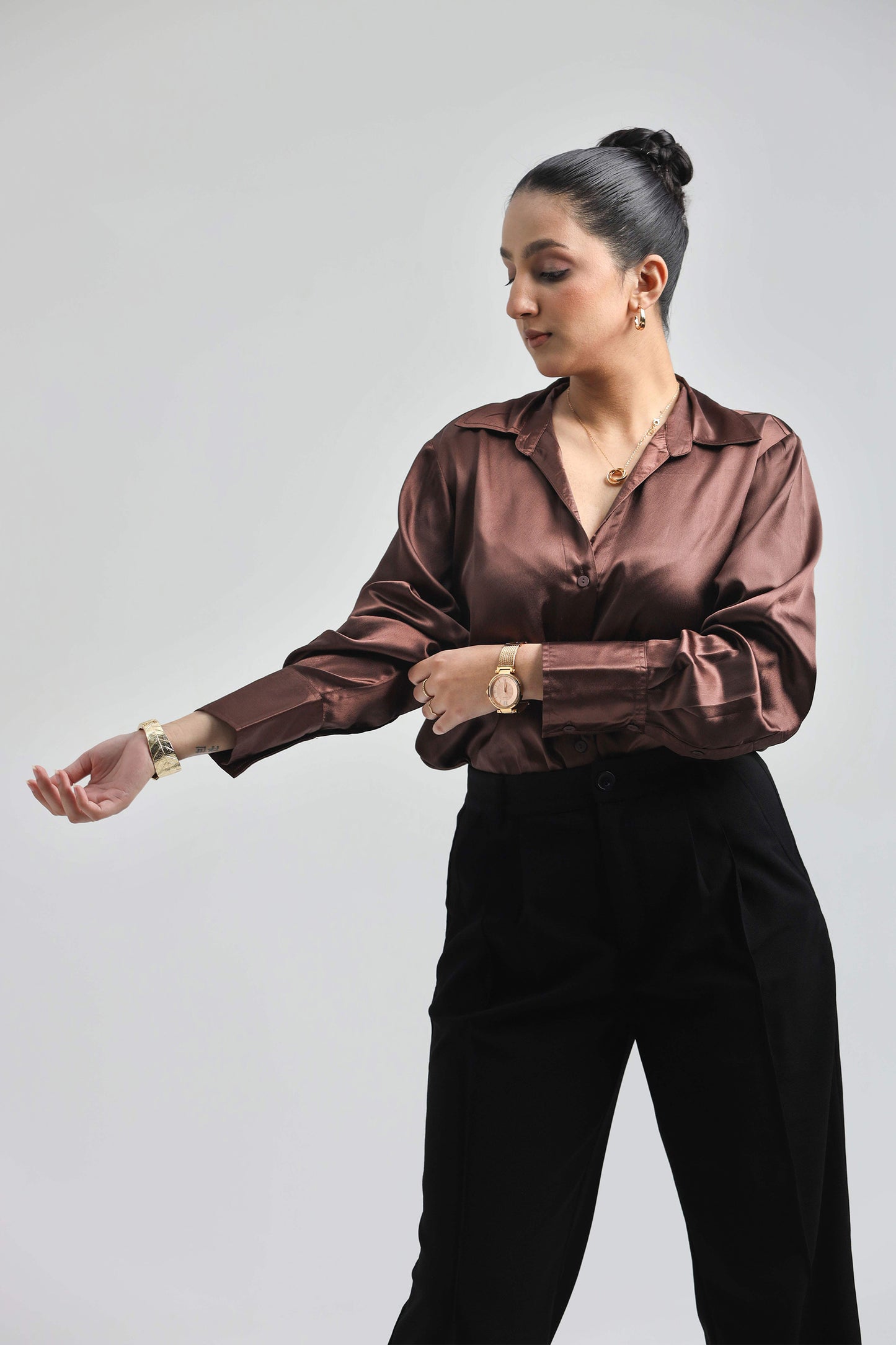 Basic Solid Satin Shirt - Cola Brown