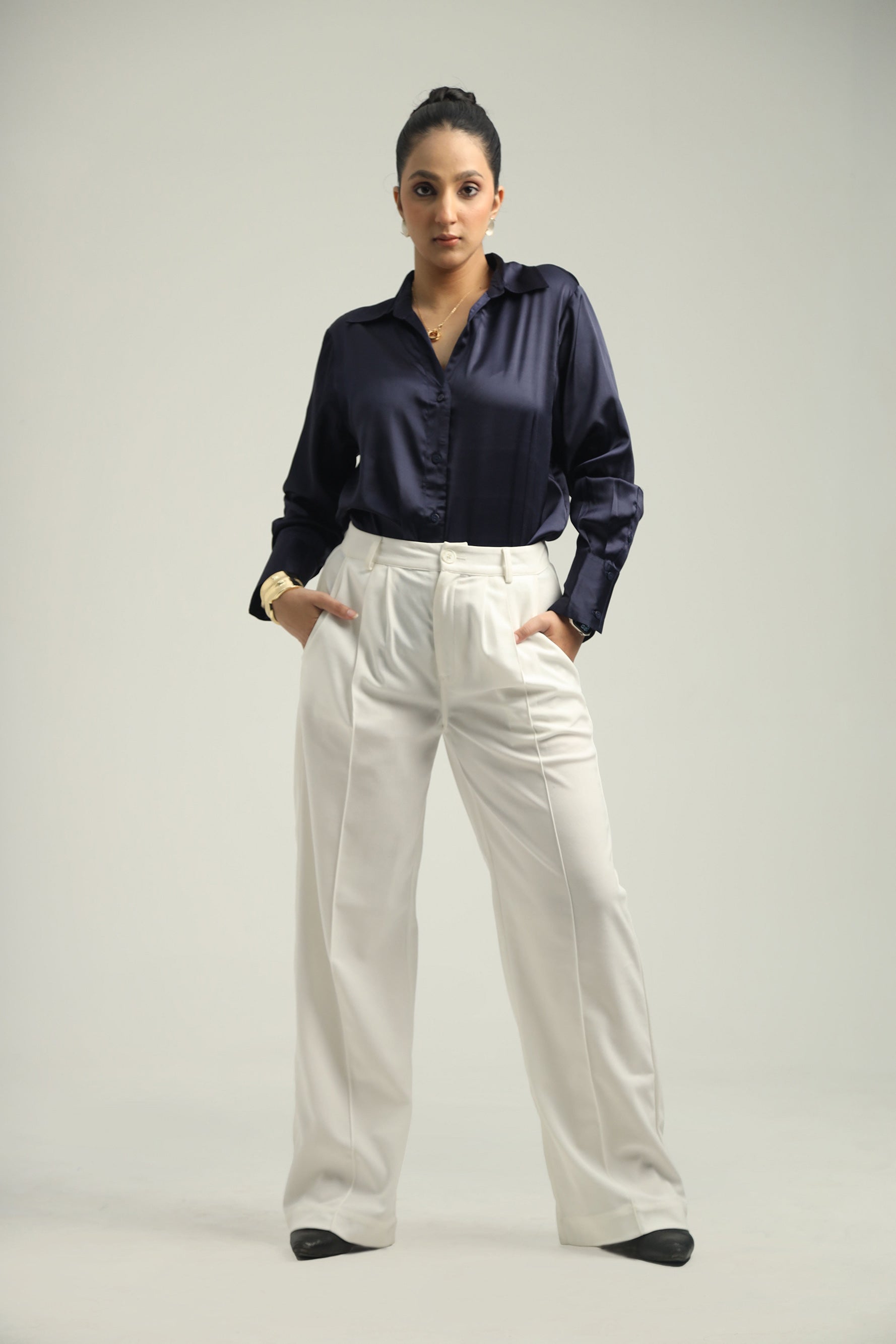 Basic Solid Satin Shirt - Navy Blue
