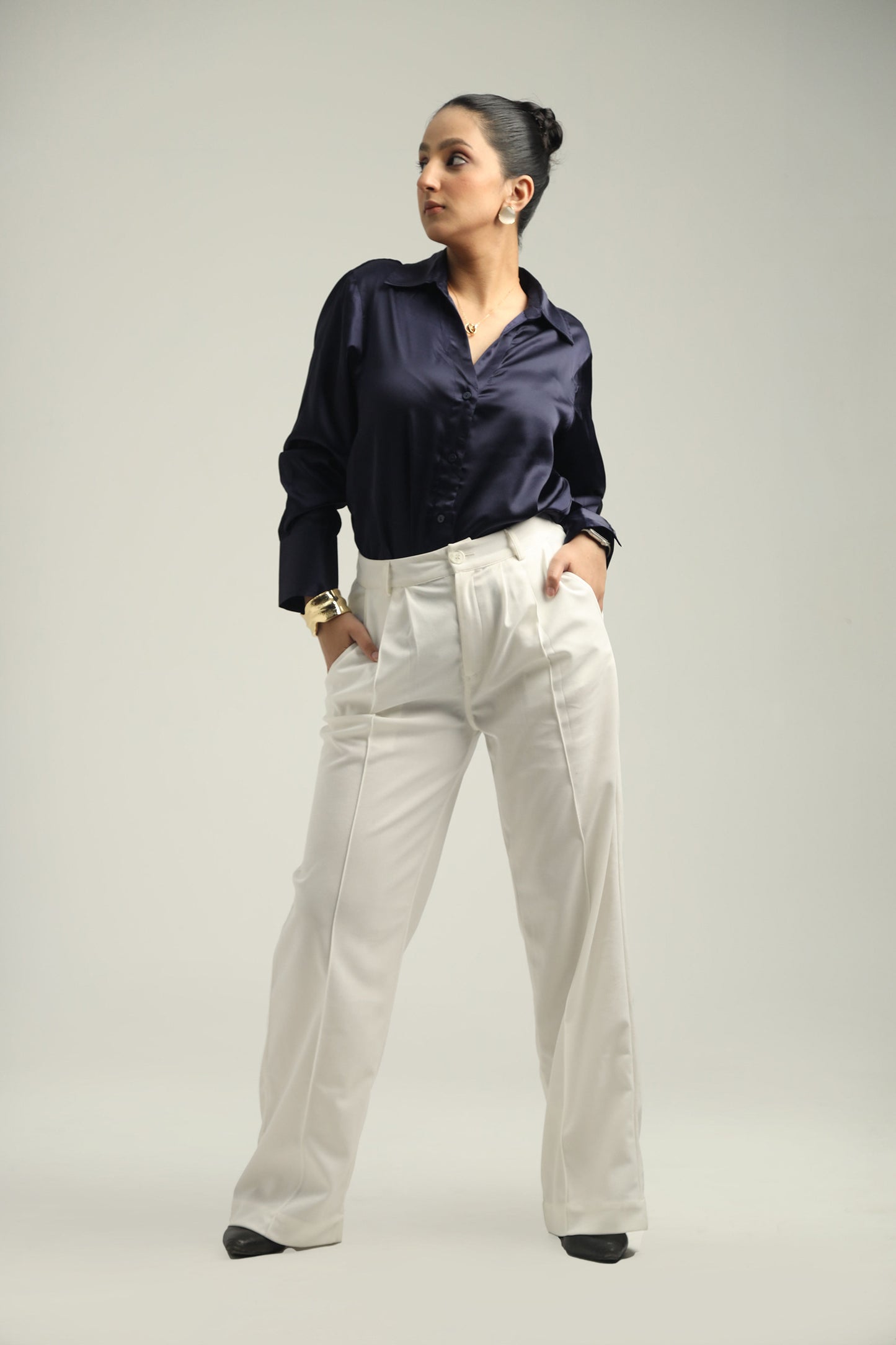 Basic Solid Satin Shirt - Navy Blue