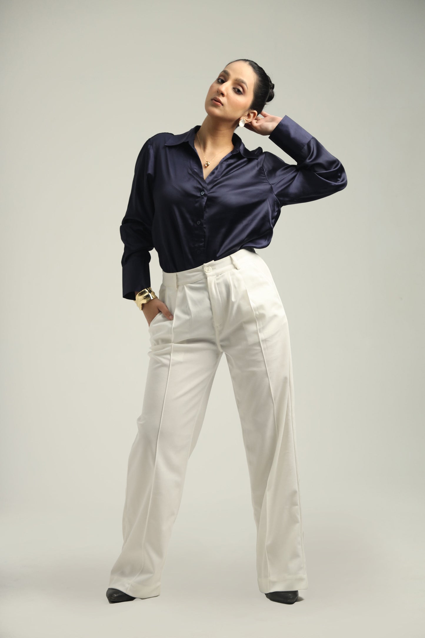 Basic Solid Satin Shirt - Navy Blue