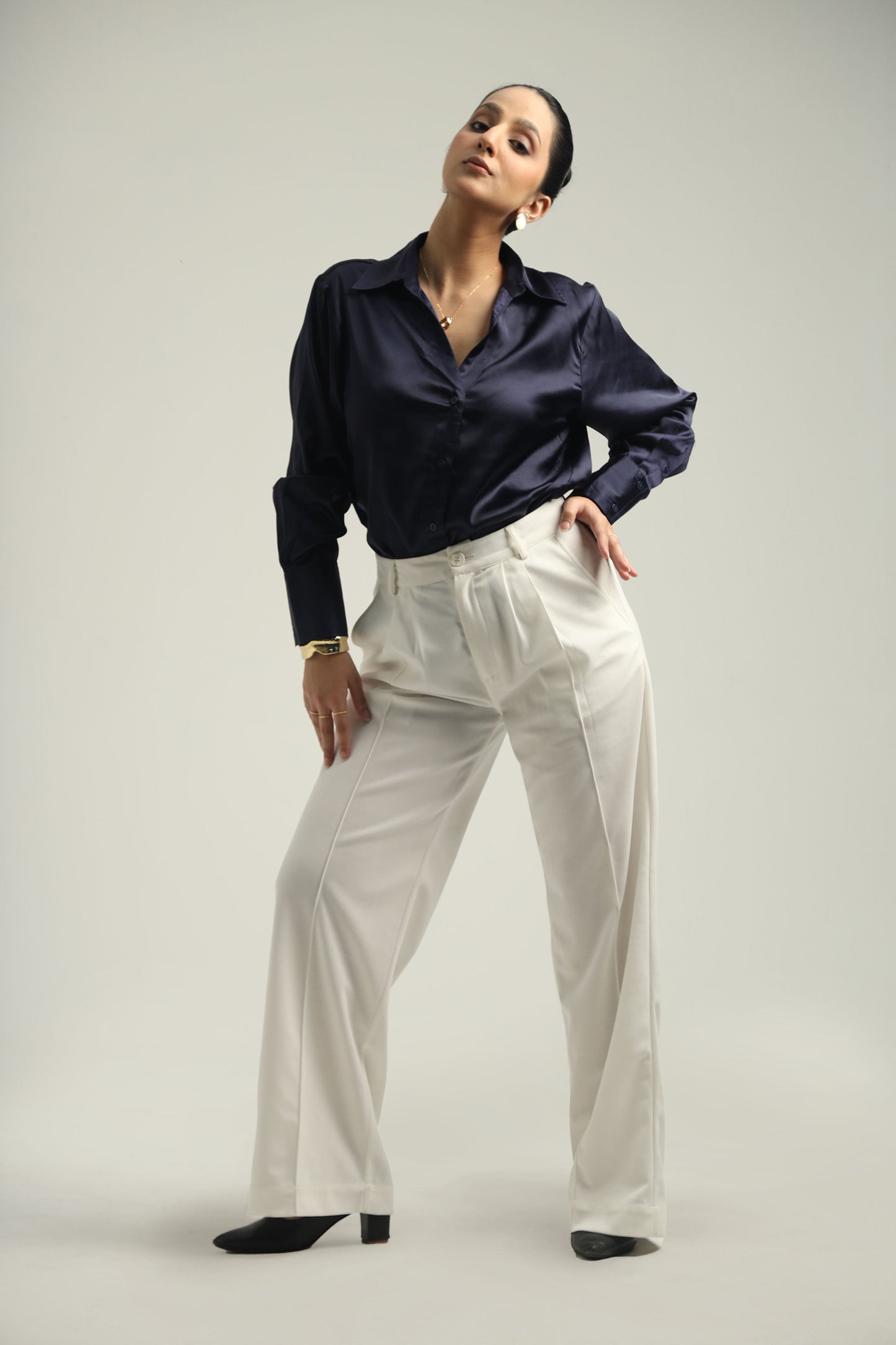 Basic Solid Satin Shirt - Navy Blue