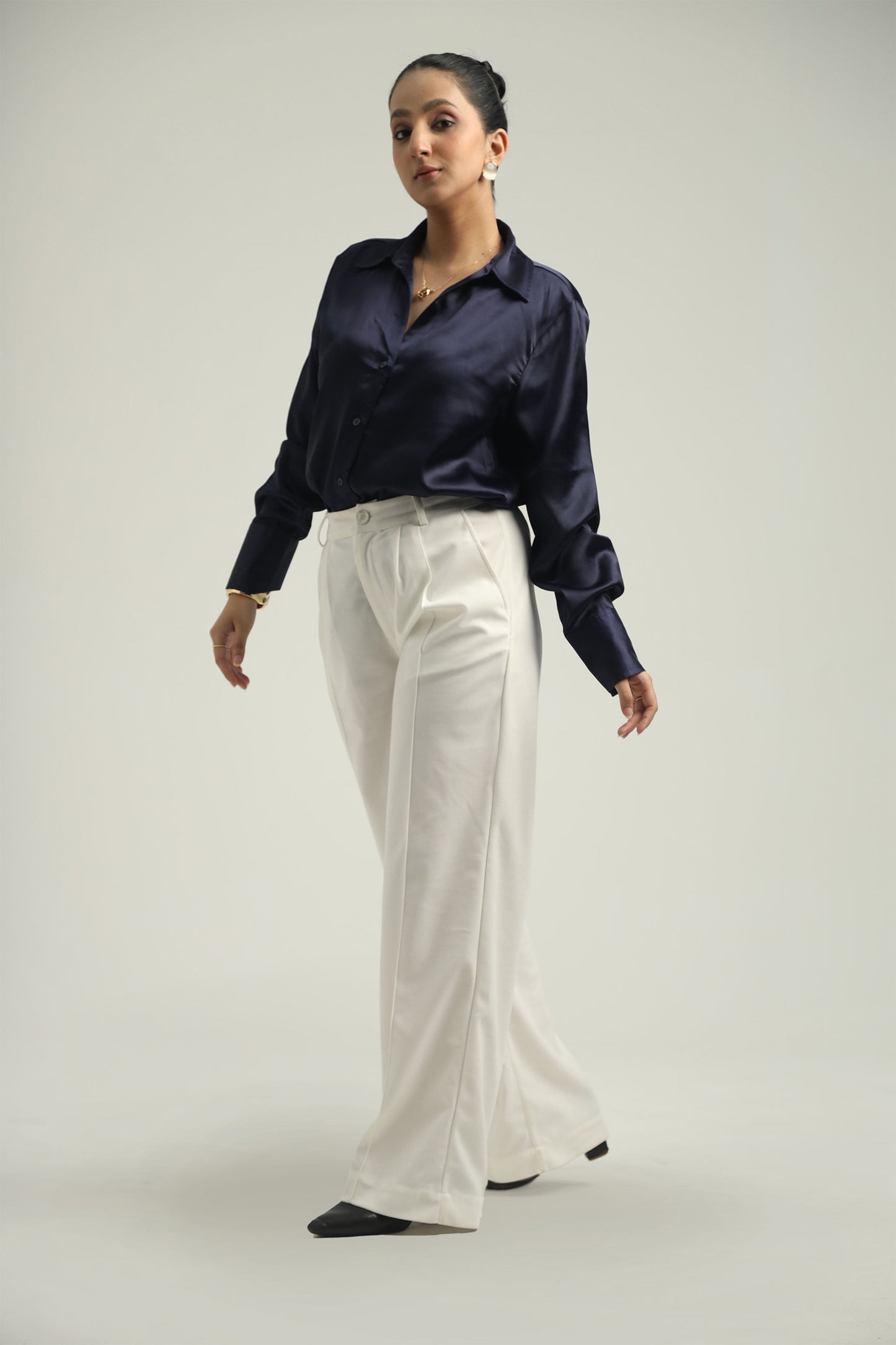 Basic Solid Satin Shirt - Navy Blue