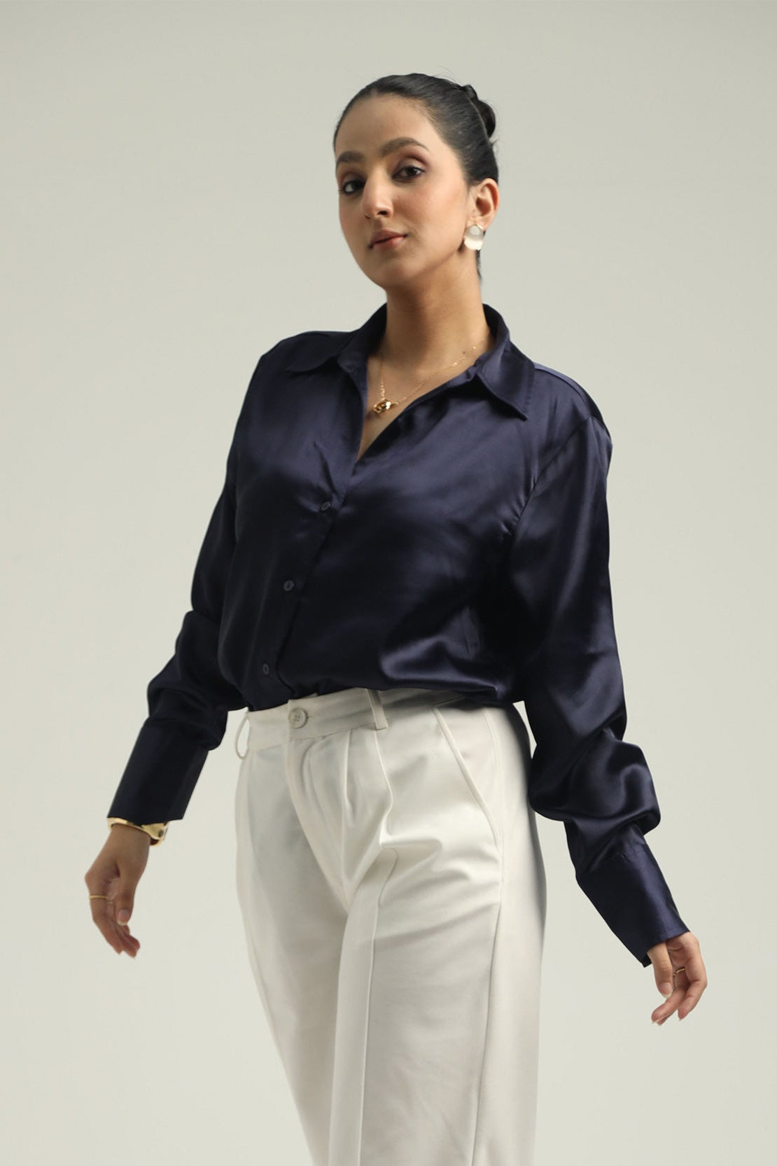 Basic Solid Satin Shirt - Navy Blue